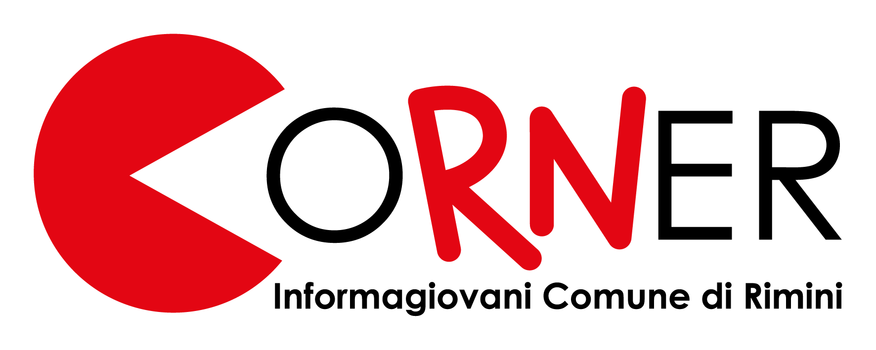 Logo di CoRNer con C rossa a forma di Pacman e RN in rosso