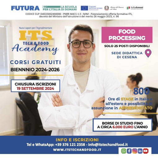 Aperte le iscrizioni al corso Its “Food Processing”