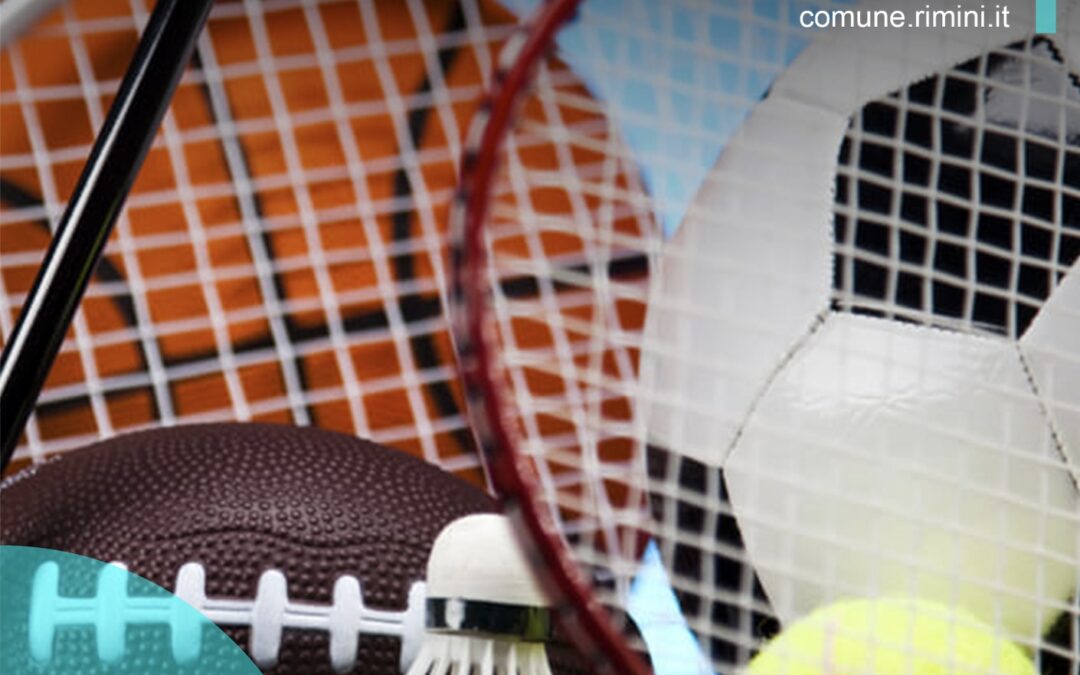 Alcuni attrezzi sportivi: volano, pallone da calcio e basket, racchetta, etc...