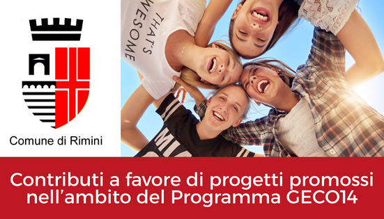 Bando per programma Geco Comune di Rimini. Alcuni giovani abbracciati e logo del Comune di Rimini